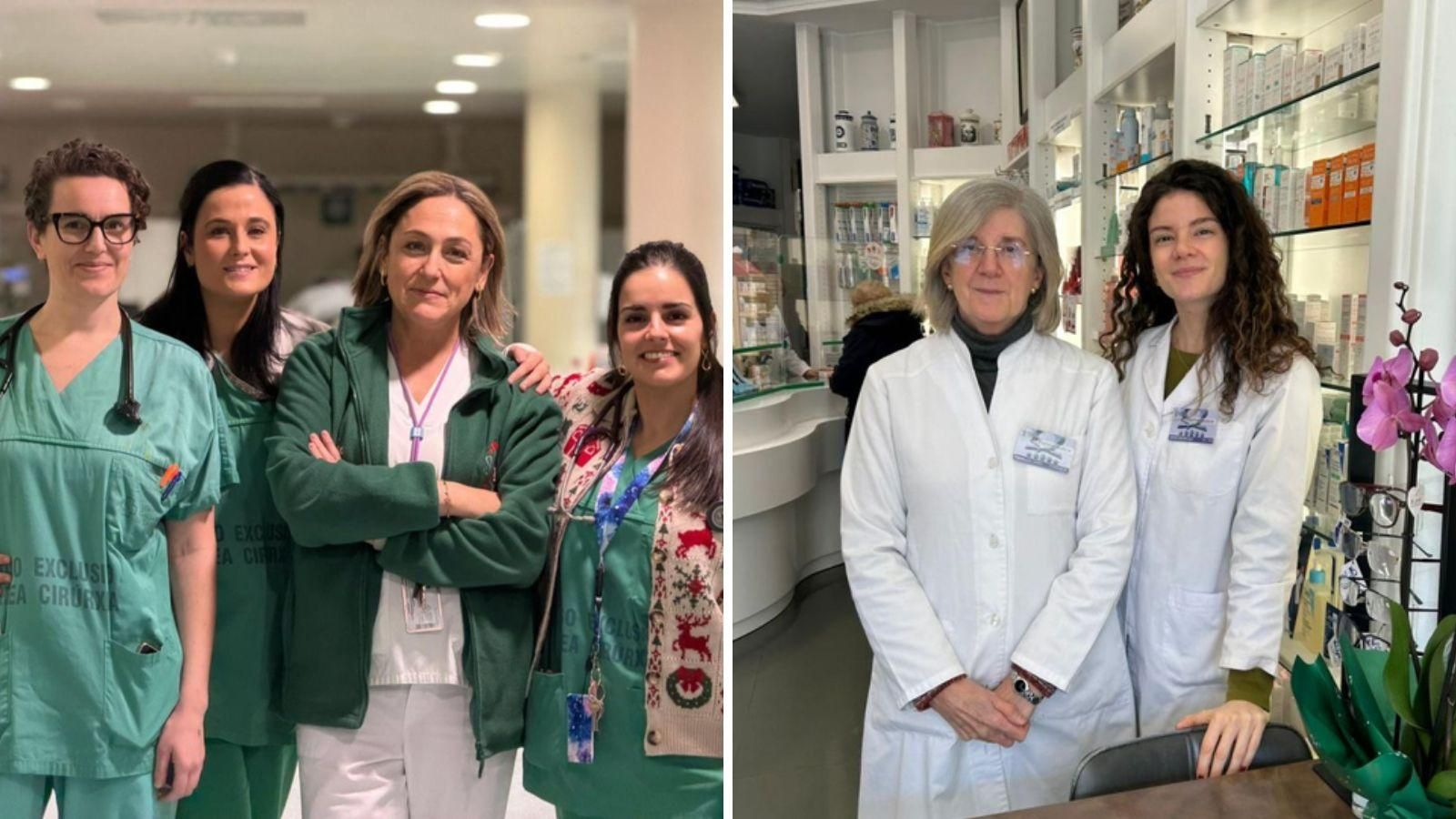 A la izquierda, el equipo de anestesiólogos en el CHUO antes de empezar el turno de Nochebuena. A la derecha, Aurora Luis y su hija, María Souto en la farmacia Aurora Luis Torres.