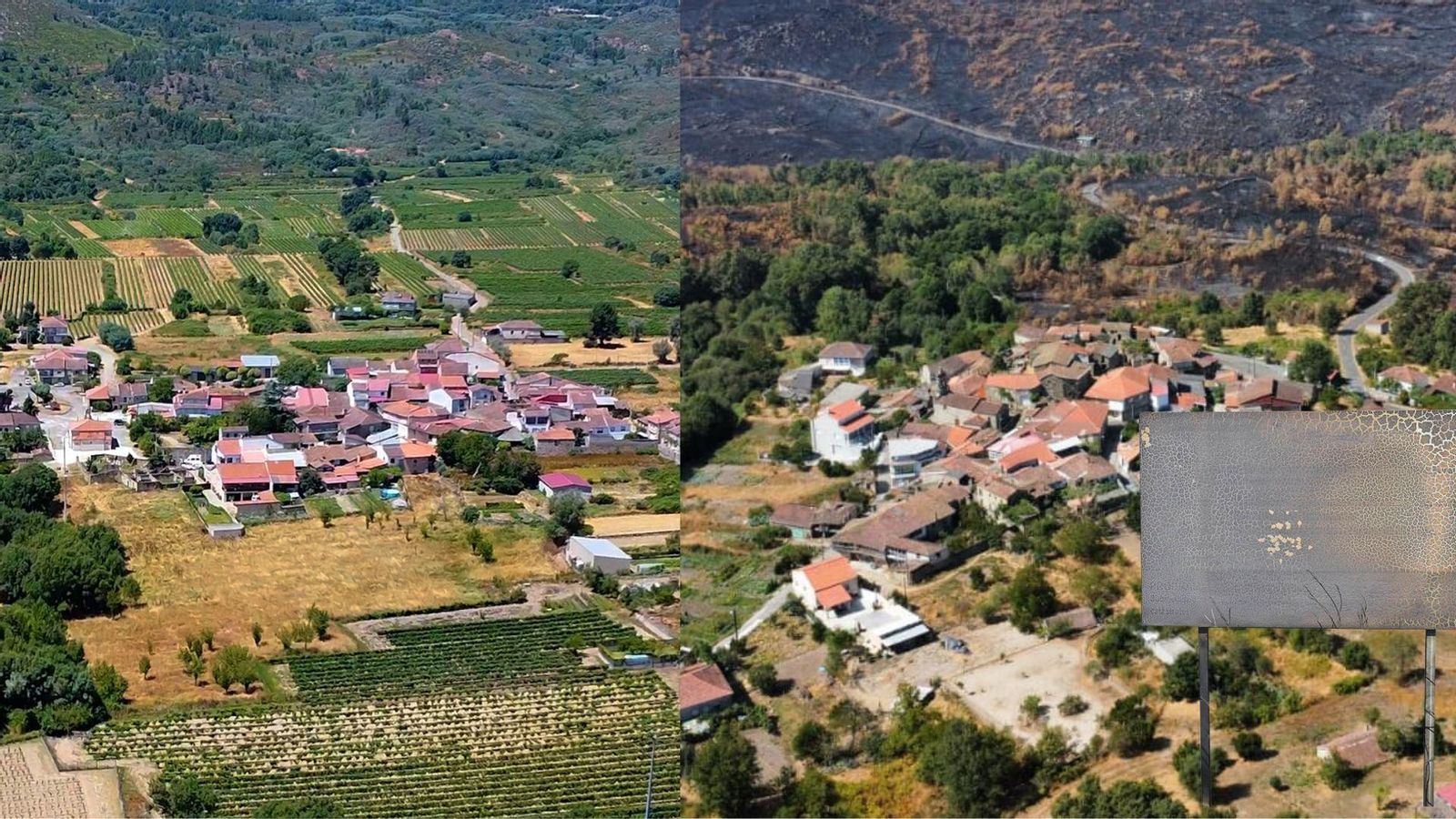 A la izquierda, la vista desde el aire muestra cómo Oímbra estaba rodeado de un paisaje verde antes de los incendios; a la derecha el mismo lugar tras ser alcanzado por el fuego, con las montañas negras.