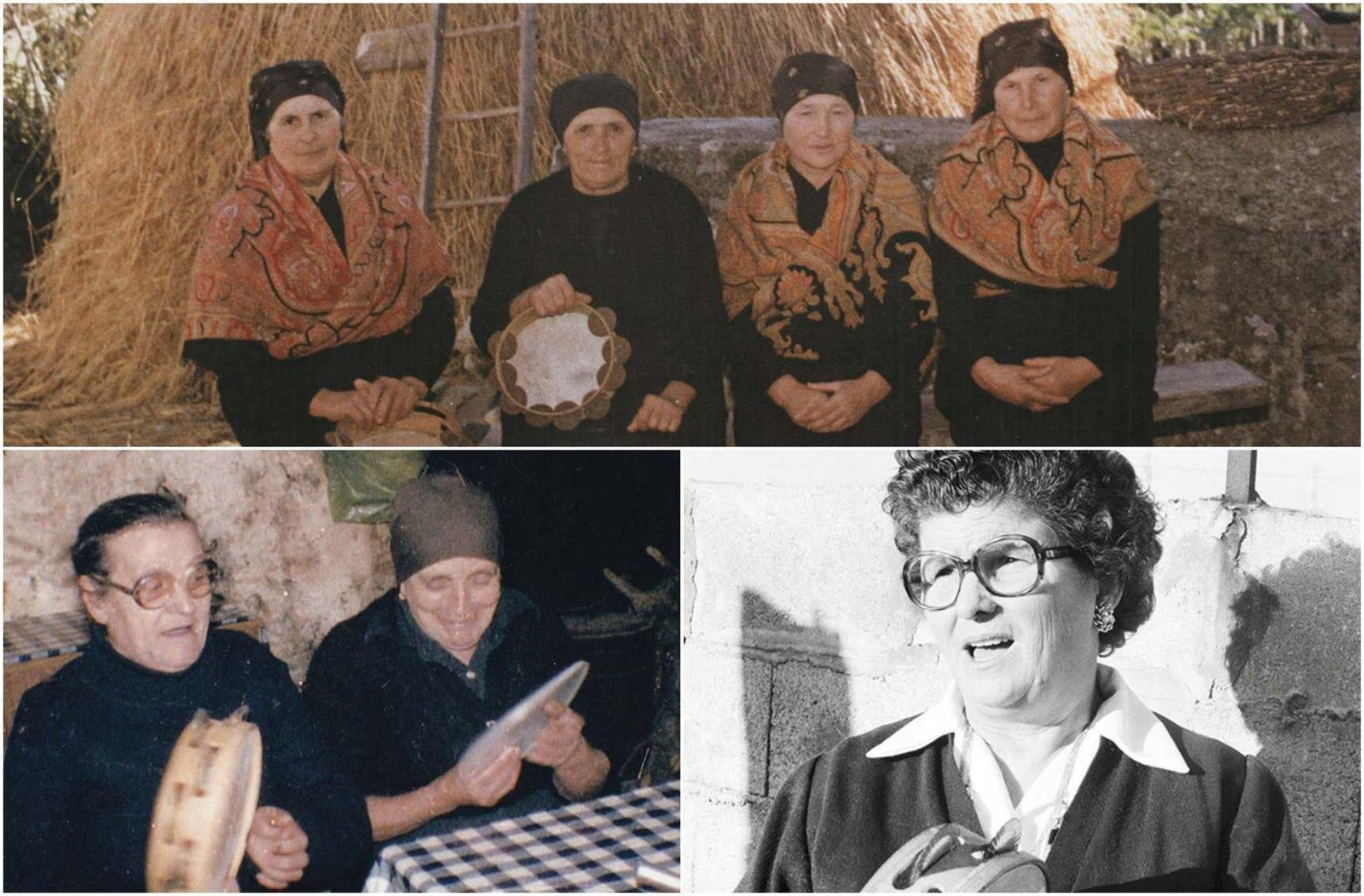 La Pandereteiras de Mens (Malpica) (arriba); ,Adolfina y Rosa Casás Rama (abajo a la izquierda) y la pandereteira Eva Castiñeira (abajo a la derecha).