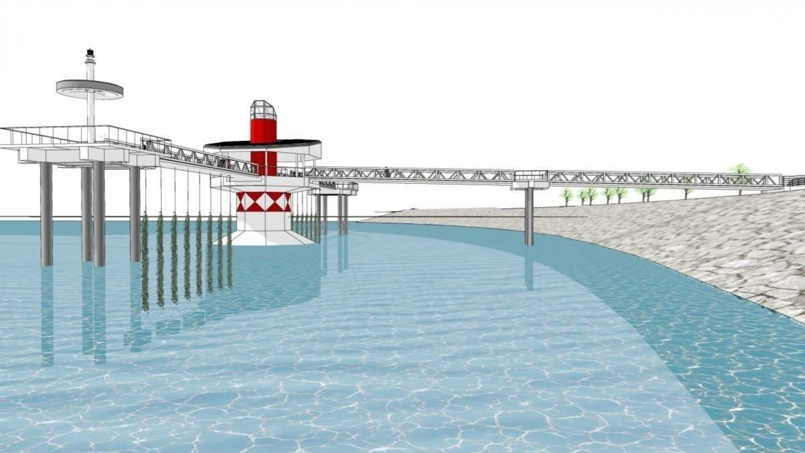 Así será el Peirao de Solpor, en la escollera de Bouzas, con una pasarela, una plataforma y un faro abierto para que todos puedan visitarlo.